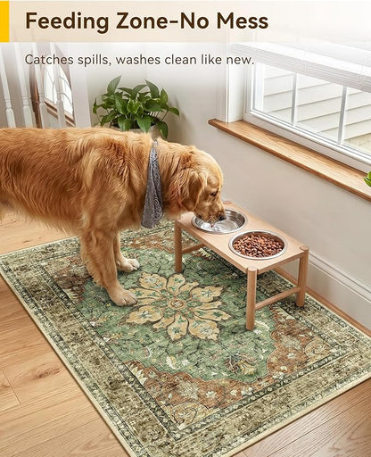 RELEANY Area Rugs Small 2'x3' Washable Non-Slip, Floral Vintage Distress Medallion Carpet for Kitchen Entryway Bathroom, Terracotta Burnt Orange Green