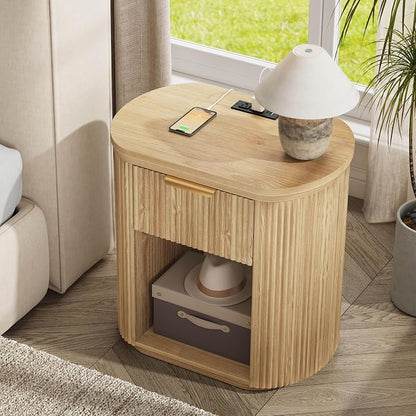 Fluted Nightstand with Charging Station, 23.6" Large Bedside Side Table with Drawer, Wood End Table with Storage, Curved Round Corner, Furniture Bedroom Sofa, Mid Century Modern, Farmhouse Boho,Oak