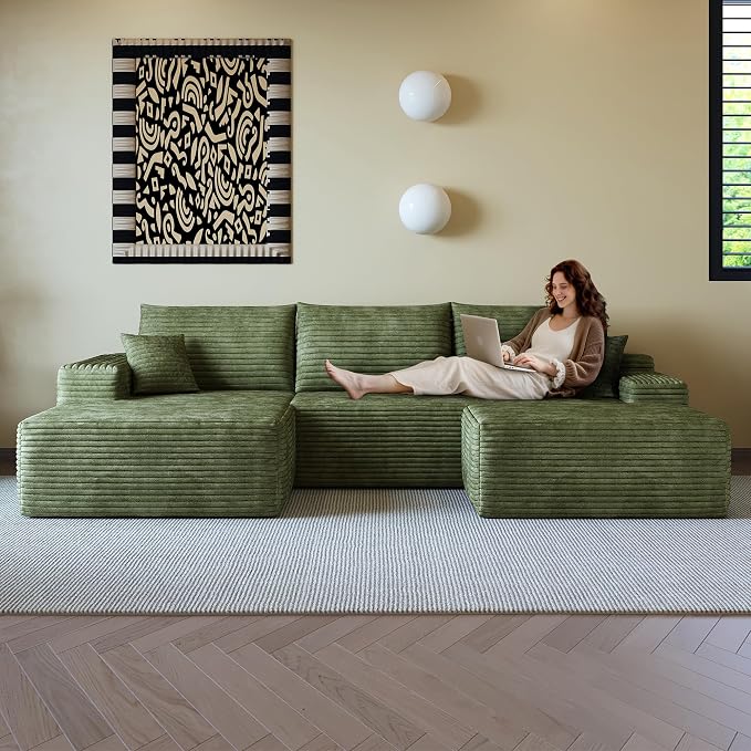 AUGOP 108" Sectional Couches for Living Room Modern Modular Sofa with L-Shape Couchs Upholstered Boneless Couch Deep Seat Sectional Couch with Chaise (Green, Left Facing Chaise+2Seaters+1Ottoman)