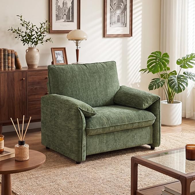 Oversized Accent Chairs Set of 2, 41 inch Modern Armchair for Living Room, Wide Reading Chair w/Deep Seat Springs Cushion, Padded Arms, Chenille Single Sofa Chair for Bedroom, Apartment, Green