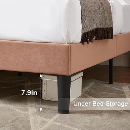 VECELO Full Size Bed Frame with Upholstered Headboard, Heavy-Duty Bedframe with Wooden Slats & Steel Framework, Easy Assembly, Coffee