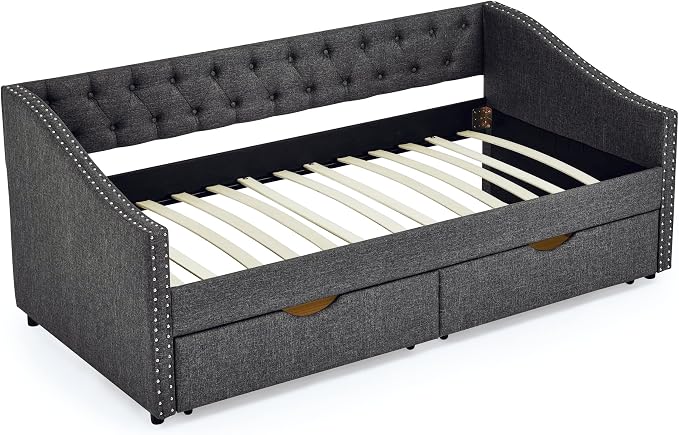 KEIKI Twin Size Upholstery Daybed with 2 Drawers and Headboard, Mid-Century Style Tufted Sofa Bed with Button on Back, Easy Assembly, No Box Spring Required, for Living Room and Bedroom, Dark Grey