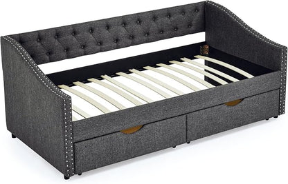 KEIKI Twin Size Upholstery Daybed with 2 Drawers and Headboard, Mid-Century Style Tufted Sofa Bed with Button on Back, Easy Assembly, No Box Spring Required, for Living Room and Bedroom, Dark Grey