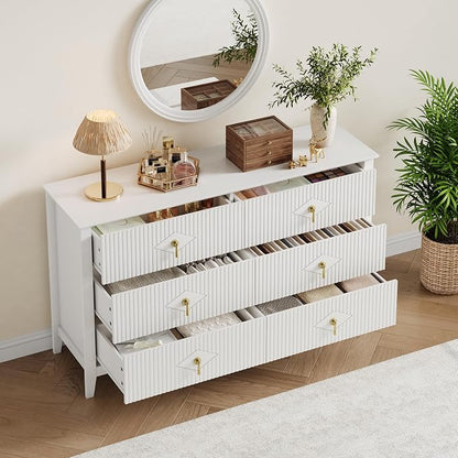 GarveeHome Fluted Dresser for Bedroom, 54 Inch Wide 6-Drawer Wood Dresser, Modern Chest of Drawers, Storage Organizer Cabinet for Living Room, Hallway, Entryway, White
