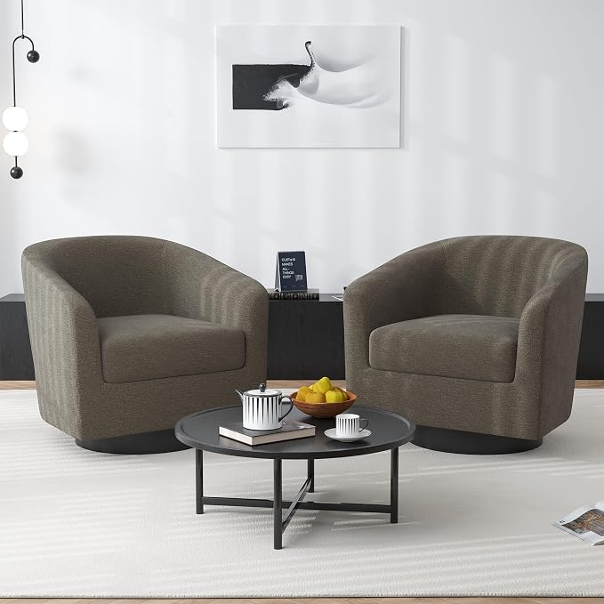 Swivel Barrel Accent Chair, Modern Round Chenille Fabric Arm Chair for Living Room, Bedroom, Comfy Club Reading Chairs for Adults（Chenille Fabric, Tan, Set of 4