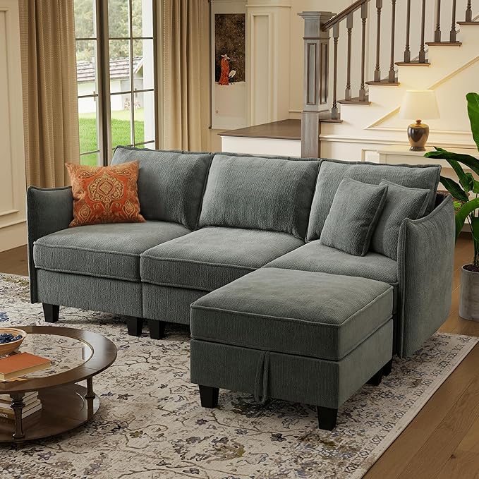 WorthFurni Modular Sectional Sofa L Shape Couches with Storage Ottoman and Washable Cushion Cover for Living Room, Apartment, Bedroom(Grey)