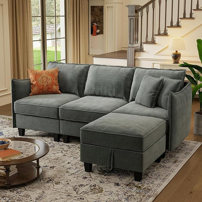 WorthFurni Modular Sectional Sofa L Shape Couches with Storage Ottoman and Washable Cushion Cover for Living Room, Apartment, Bedroom(Grey)