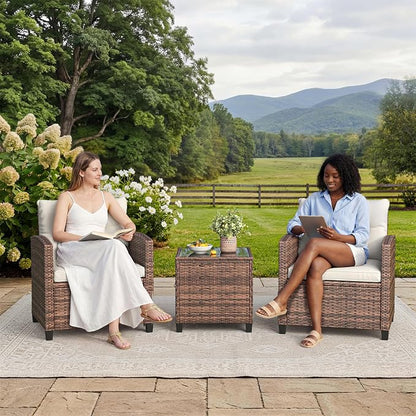 GarveeLife 3 Pieces Patio Furniture Set, PE Rattan Patio Conversation Set with Tempered Glass Tabletop, Outdoor Wicker Chairs and Table Set for Patio Balcony Garden, Brown & Beige