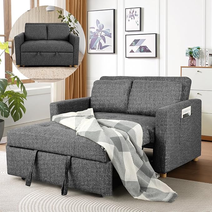SEJOV Sleeper Sofa, 3-in-1 Convertible Pull Out Couch Bed Futon Sofa, Linen Fabric Loveseat with 2 Pillows and Adjustable Backrest, Chaise Lounge for Small Spaces Apartment Dorm, Office, Black