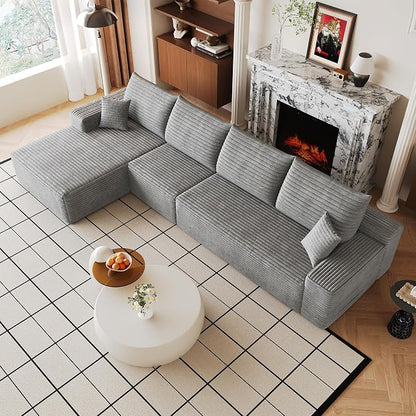 135" Oversized Cloud Sectional Couch Boneless Sofa for Living Room, Fluffy Corduroy Corner Couch with Deep Seat, Compressed Modular Sectional Sofa with L-Shaped Chaise, No Assembly Required