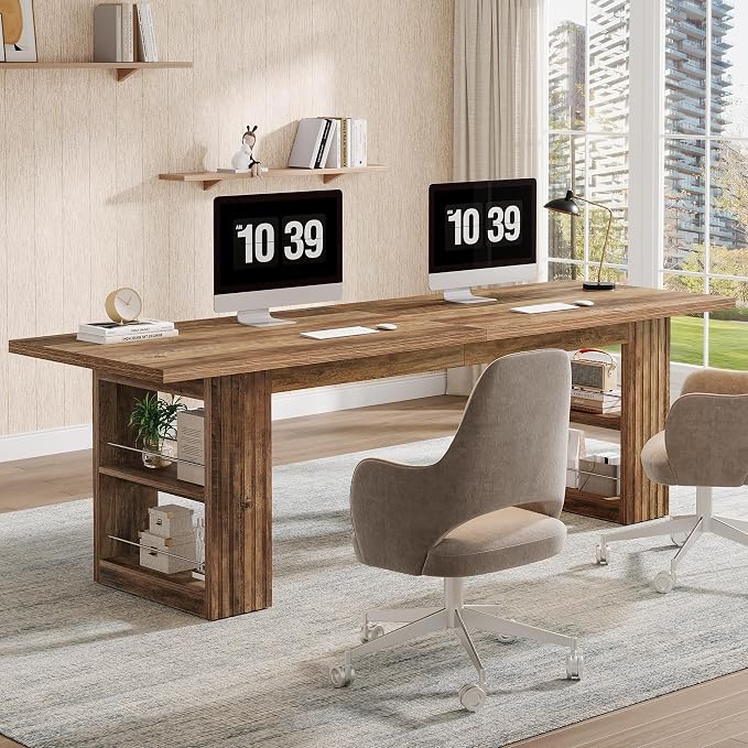 Tribesigns 2-Person Desk, 79-Inch Extra Long Office Desk with Storage Shelves, Work Table, Conference Table for Home Office, Natural Brown