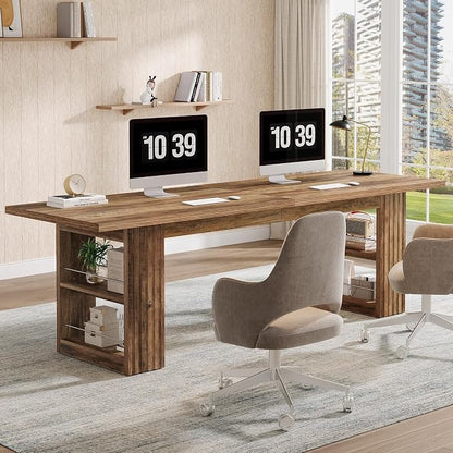 Tribesigns 2-Person Desk, 79-Inch Extra Long Office Desk with Storage Shelves, Work Table, Conference Table for Home Office, Natural Brown
