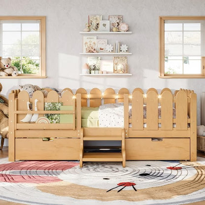 Bellemave Twin Kids Montessori Bed with Stairs, Bookshelf and LED Lights, Solid Wood Kids Bed Frame with Storage Drawers for Boys Girls, Low Profile,Natural