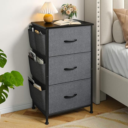 Night Stand Set 2, Nightstand with Drawers for Bedroom, Bedside Table with Wooden Top, Sturdy Steel Frame End Table, Dorm Nightstand for Bedroom, Entryway, Hallway, Closet, Cloth Bags, Hooks, Grey