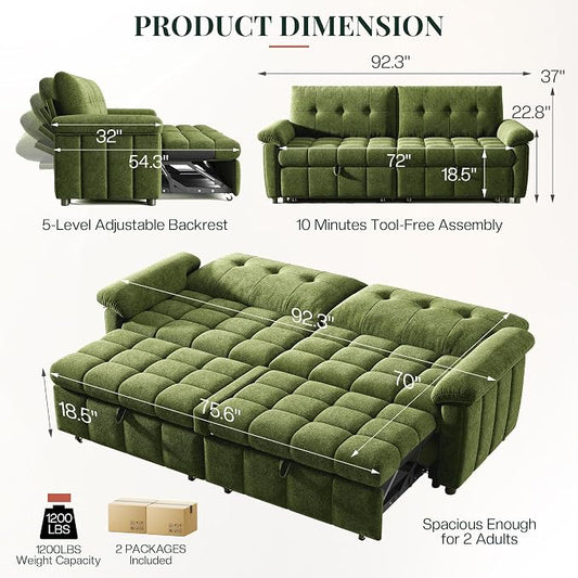 Jocisland 93” 4-in-1 Convertible Sofa Bed, Full Size Cloud Sleeper Sofa, Tufted Chenille, 5-Position Adjustable Backrest, 10-Minute Tool-Free Assembly, Couches for Living Room Guest Room, Green