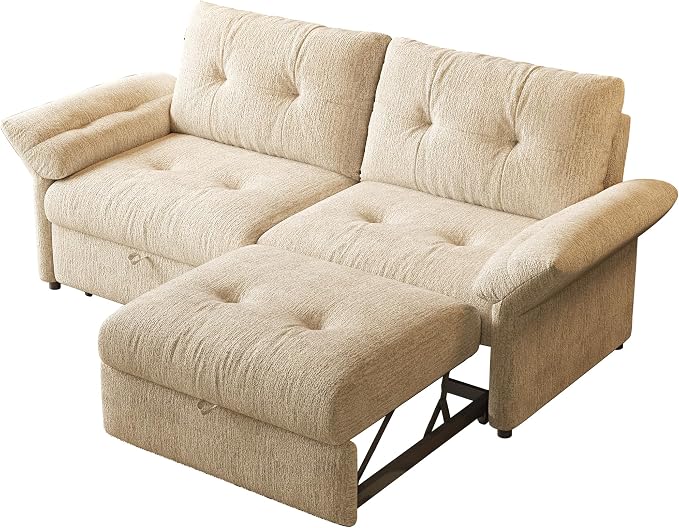 81.5'' Full Sleeper Sofa, Pre-Assembled, Chenille Pull Out Couches Bed, 3-in-1 Convertible Sofa, Adjustable Backrest, Small Loveseat for Small Space, Living Room, Apartment, Chenille Beige