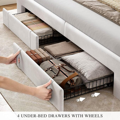 YITAHOME King Size Bed Frame with Velvet Vertical Tufted Upholstered Adjustable Headboard, 4 Storage Drawers, RGB LED Lights and USB Ports, No Box Spring Needed, Fast Assembly, Noise-Free, White