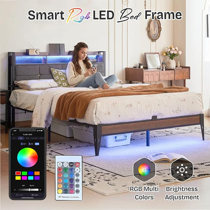 Queen Size Bed Frame with Headboard, Upholstered Platform Bed Frame with Charging Station, Dual LED Light Strips, 2-Tier Storage Shelves, Heavy Duty Metal frame, Noise-Free, No Box Spring Needed