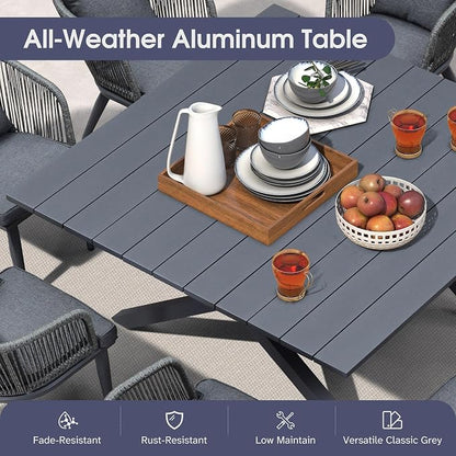 PURPLE LEAF 14 Pieces Patio Dining Set Wicker Outdoor Furniture Oversize Rectangular Table and Chairs Set for Garden Deck Aluminum Frame Backyard Kitchen Set, Cushions and Pillows Included Grey
