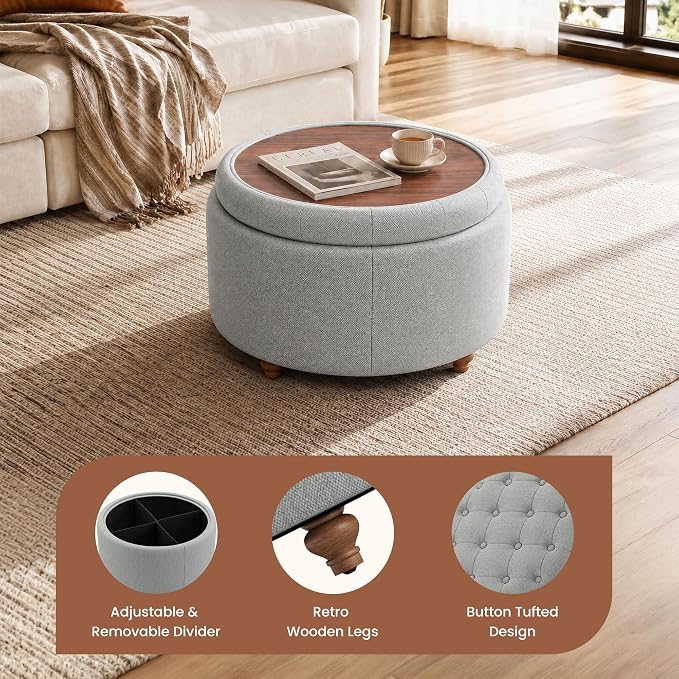 25Inch Round Ottoman with Storage, Tufted Fabric Modern Circle Ottoman with Reversible Tray Lid and Wood Legs, Multi-Functional Small Coffee Table for Living Room, Bedroom, Gray