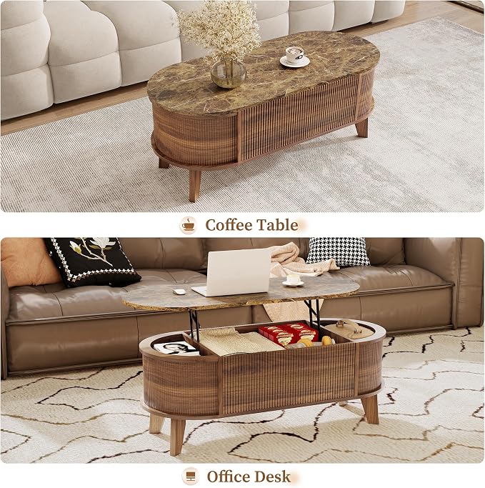LYNCOHOME 43.3" Fluted Lift Top Coffee Table with Storage, Faux Marble Top Center Table, Modern Oval Coffee Table for Living Room or Home Office（Elegant Walnut）