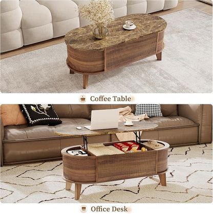 LYNCOHOME 43.3" Fluted Lift Top Coffee Table with Storage, Faux Marble Top Center Table, Modern Oval Coffee Table for Living Room or Home Office（Elegant Walnut）