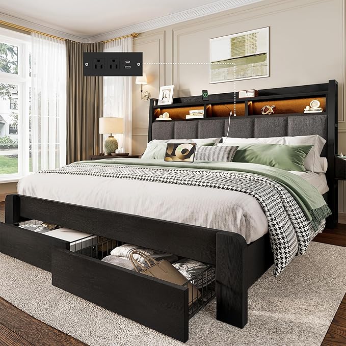 BRELTAM Queen Size Bed Frame with Storage Drawers Upholstered Bed with 2-Tier Storage Headboard and LED Light&Charging Station,Metal Platform Bed Frame Queen Size,Noise Free,No Box Spring Needed,Black