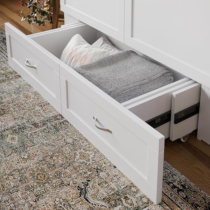 AFI Hamilton Full Murphy Bed Chest with Mattress, Storage, and Built-in Charger in White