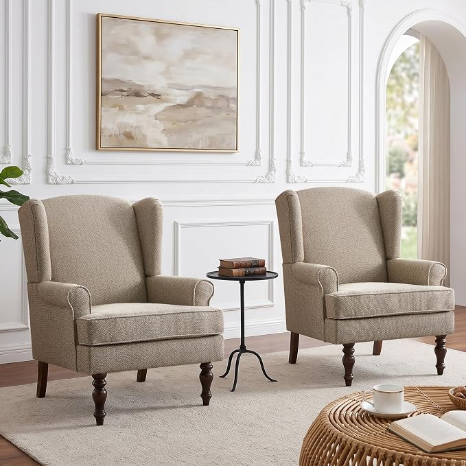 HUIMO Printed Wingback Accent Chair, Linen Upholstered High Back Armchair, Comfy Reading Chair for Living Room Bedroom Study, 300lbs Weight Capacity (2, Brown with Lines)