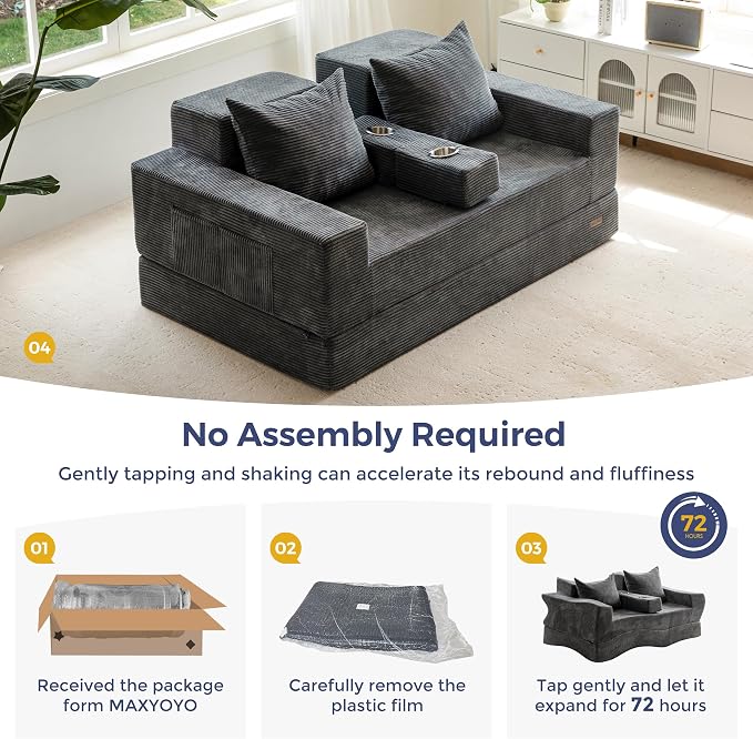 MAXYOYO Loveseat Sofa Bed, 64" Foldable Floor Sofa Couch in A Box with 2 Cup Holders, 4 in 1 Convertible Boneless Couch Folding Recliner Chair for Living Room, Grey