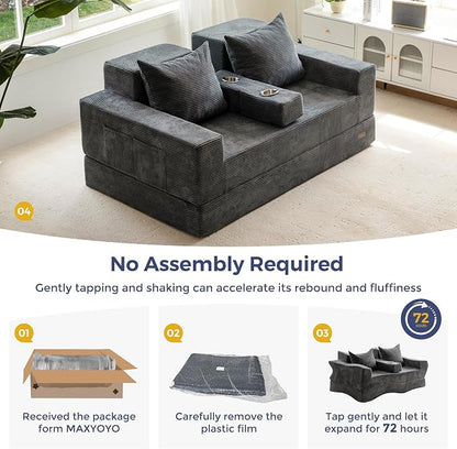 MAXYOYO Loveseat Sofa Bed, 64" Foldable Floor Sofa Couch in A Box with 2 Cup Holders, 4 in 1 Convertible Boneless Couch Folding Recliner Chair for Living Room, Grey