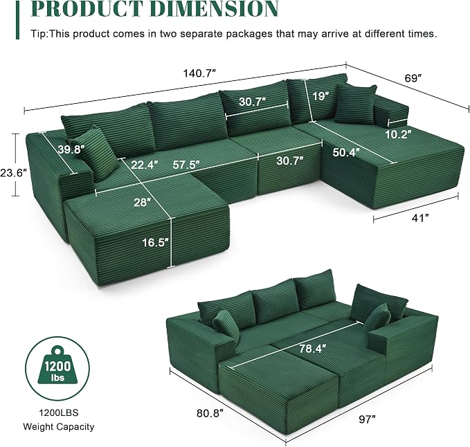 Mangodan 140” Cloud Sectional Couch, Boneless Sofa for Living Room, Modular Sectional Sofa with Deep Seat, Comfy Fluffy U-Shaped Couch with Right-Facing Chaise, No Assembly Required, Green