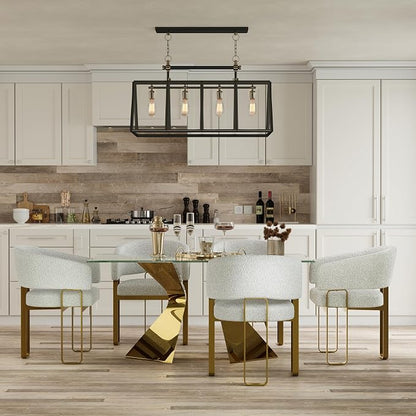 Dining Chairs Set of 6, Off White Boucle Upholstered Kitchen & Dining Room Chairs with Armrest, U-Shaped Brushed Gold Metal Legs