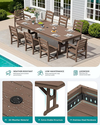 SERWALL 10 Piece 84" HDPE Outdoor Dining Set for 8 with 6 Armless Chair, 2 Armchairs and Umbrella, Brown