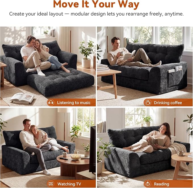 MONVANE 55.5" Convertible Loveseat Sofa, Comfy Chenille Cloud Couch with Storage Pocket, Modern Deep Seat Boneless Couch, 2 Seater Sofa for Living Room, No Assembly Required, Black