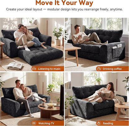 MONVANE 55.5" Convertible Loveseat Sofa, Comfy Chenille Cloud Couch with Storage Pocket, Modern Deep Seat Boneless Couch, 2 Seater Sofa for Living Room, No Assembly Required, Black