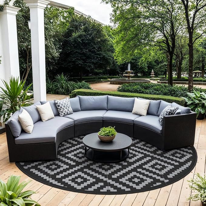 GENIMO 10' Round Outdoor Rug for Patios Clearance, Reversible Plastic Straw Rugs, RV Camping Mat for Camper, Balcony, Backyard, Picnic, Deck, Black & Gray