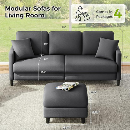 Welzona 83" Couches for Living Room, Teddy Sofa Couch with Storage Ottomans, U Shaped Couch with Movable Ottomans, Tool-Free Modular Sectional Sofa, All-Wood Sofas for Living Room 2 Pillows, Grey