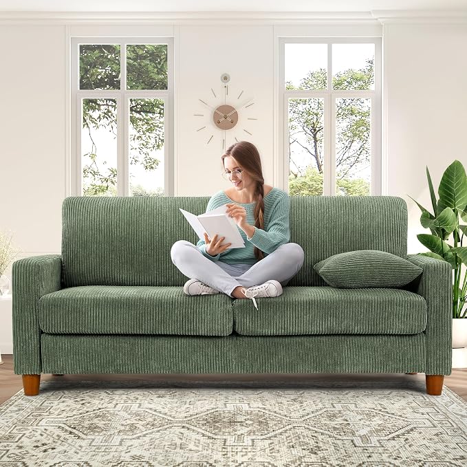 Kidirect 70in U Shaped Couch, Modular Sofa No Tool Assembly, Comfy Sectional Couches for Living Room 21in Deeper Seats, Corduroy Sofas for Living Room with 2 Pillows, Loveseat Sofa Set, Green Couch