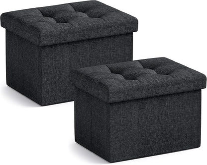 Ornavo Home Small Storage Ottoman, Set of 2, Foldable Collapsible Rectangle Linen Ottoman Foot Rest Stool Seat, for Living Room, Bedroom, Home Office, Dorm - 12 x 16 x 12, Black