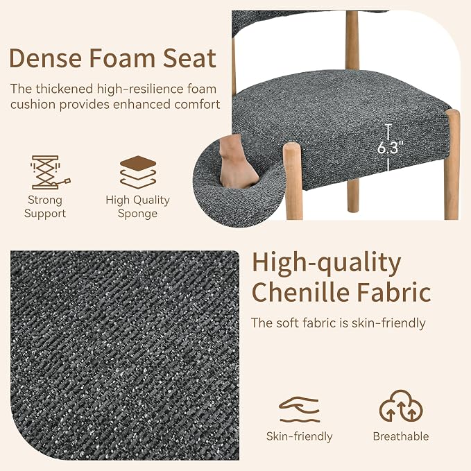 VKNOW Wooden Dining Chairs Set of 2 with Curved Open Back, Black | Natural Rubberwood Legs, Soft Chenille Fabric, Thickened Cushion, For Adults and Family, Dining Room, Kitchen, No Wobble