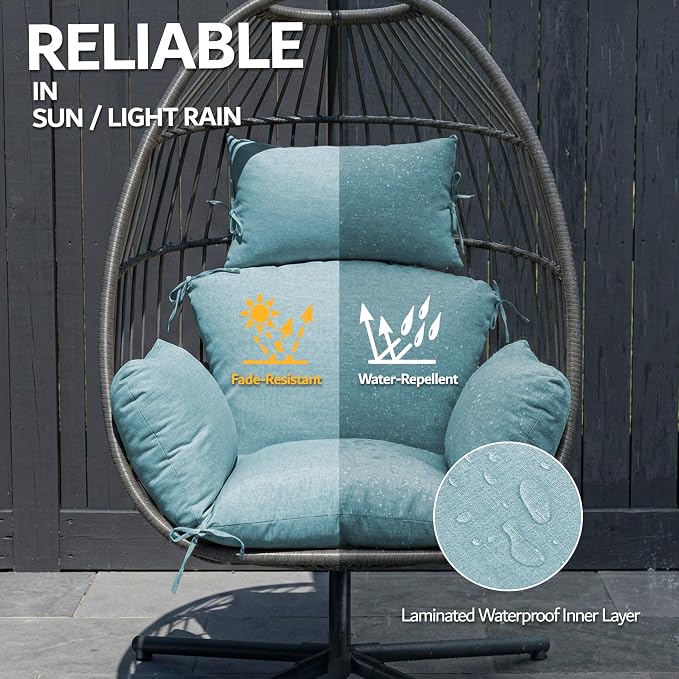 Egg Chair Cushion with 8 Securing Straps, Water-Repellent & Fade-Resistant Faux Linen, Removable Cover, Replacement Cushion for Most Single Outdoor Hanging Swing Egg Chairs – Teal