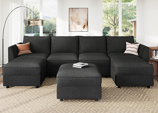 HONBAY Modular Sofa U Shaped Sectional Couch with Storage, Convertible Modular Sofa 7 Seats Sectional for Living Room - Linen Grey