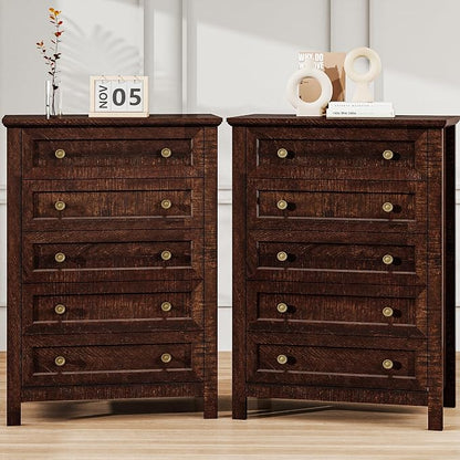 Farmhouse Dresser Nightstand Sets, 2-Piece Bedroom Furniture Set for Home | 5 Drawer Dresser Closet set of 2, Chest of Drawers for Bedroom, Living Room, Entryway, Dark Brown