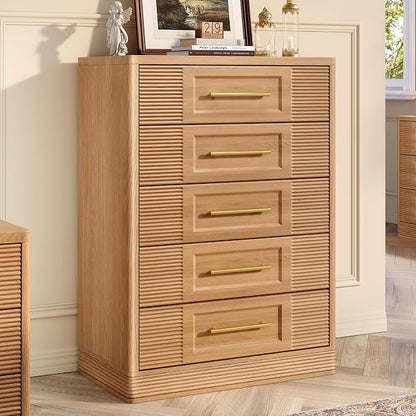 RECHHX Farmhouse 5 Drawers Dresser for Bedroom, 44" Tall Modern Chest of Drawers, Wooden Thermoformed Curved Dresser Organizer for Bedroom, Living Room, Natural Oak