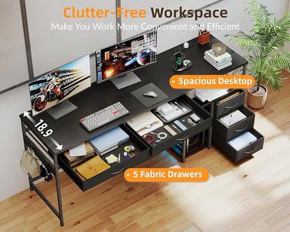 YOSHOOT 60" Computer Desk with 5 Fabric Drawers, Gaming Desk Table | Desk with Storage and Power Outlets, for Adults and Teenagers Working Writing Study, Black