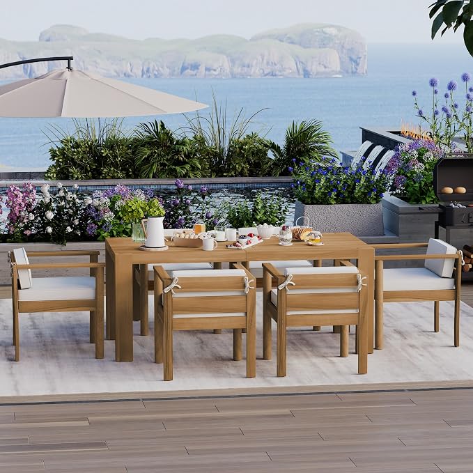 7-Piece Patio Dining Table Set for 6, Outdoor Furniture Sets with 72.8" Rectangle Table, Patio Table and Chairs Set with Removable Cushions for Backyard, Garden, Poolside