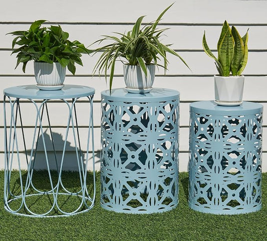 HFHOME Set of 3 Metal Outdoor Side Table, Nesting Round Coffee Table for Indoor Outdoor, Heavy Duty End Tables Plant Stand Living Room Garden Stool - Blue