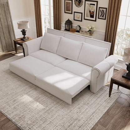 93.7" King Size Sleeper Sofa Bed, Pull Out Sofa Bed, Velvet Upholstery, 3 in 1 Convertible Sleeper Couch, Chaise Lounge, Retro Recliner for Living Room, Office, Apartment, Beige