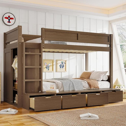 Bellemave Twin Over Twin Bunk Bed with Storage Drawers,Solid Wood Bunk Bed with Built-in Wardrobe,Storage Shelf and Safety Guardrails for Kids Girls Boys,Brown